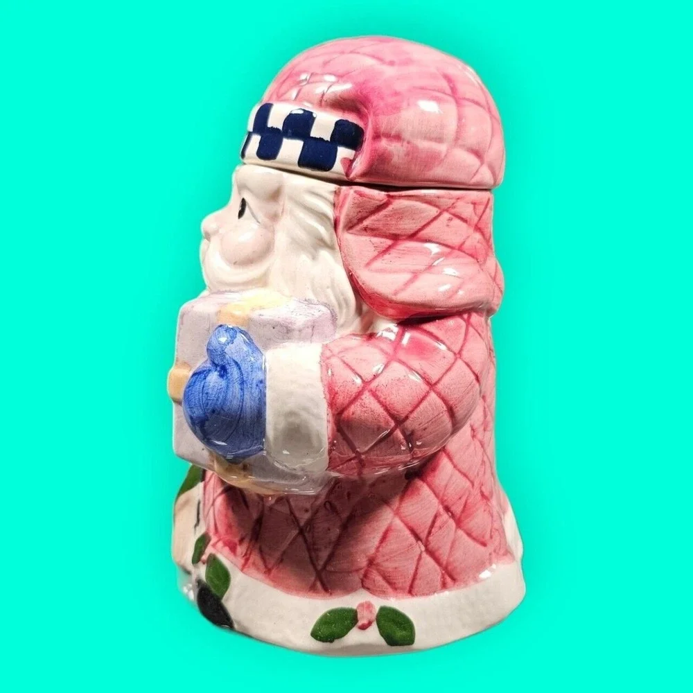 World Bazaars Holiday Collection Santa Claus Ceramic Snack Jar Pink Quilted Box